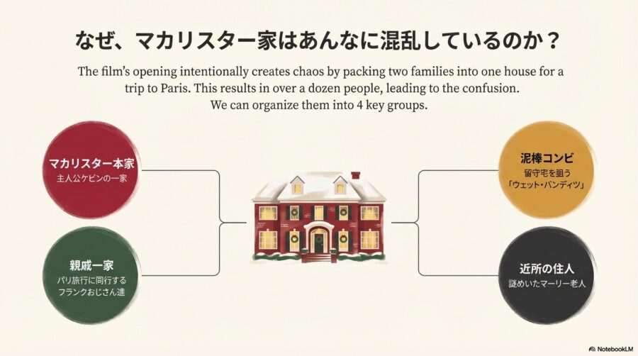 ホーム・アローンの登場人物を「マカリスター本家」「親戚一家」「泥棒コンビ」「近所の住人」の4グループに分類して解説した図。