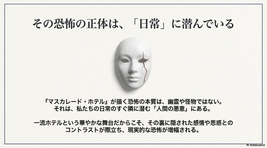 右側にひびの入った仮面の画像。「恐怖の正体は日常に潜む『人間の悪意』であり、一流ホテルという舞台がそのコントラストを際立たせる」という解説