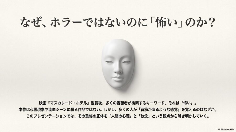 白い無表情な仮面の画像と、「なぜ、ホラーではないのに『怖い』のか？人間の心理と執念から解き明かす」という導入テキスト。
