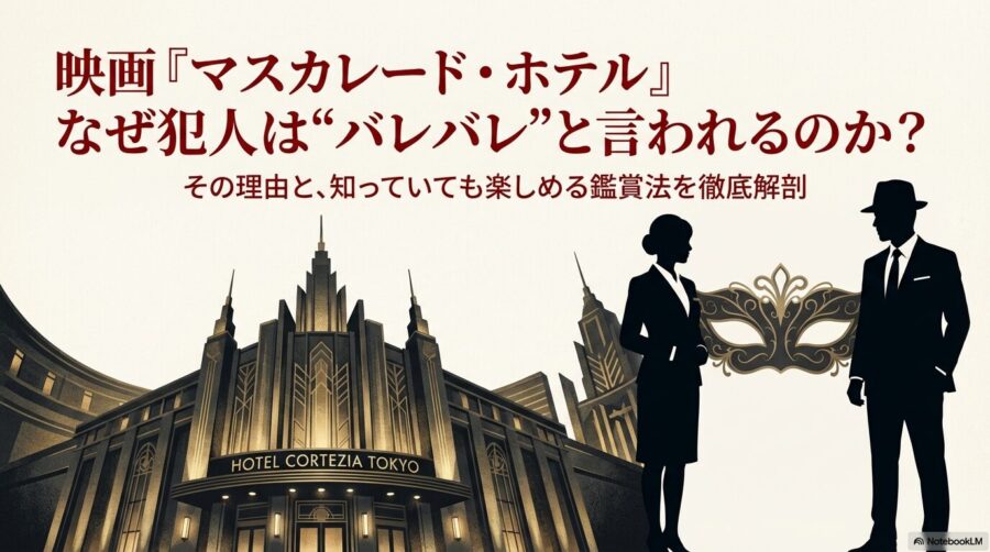 映画『マスカレード・ホテル』なぜ犯人は“バレバレ”と言われるのか？その理由と楽しみ方を徹底解剖するタイトルスライド。