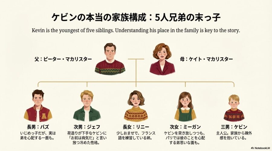 父ピーター、母ケイト、長男バズ、次男ジェフ、長女リニー、次女ミーガン、三男ケビンのイラストとそれぞれの性格や特徴の紹介。