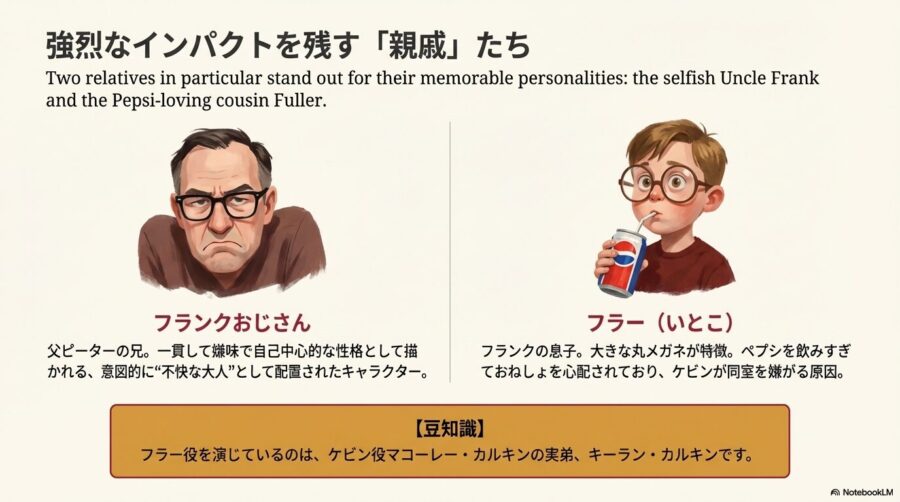 嫌味なフランクおじさんと、ペプシを飲みすぎるメガネの従兄弟フラーのイラスト解説。フラー役はマコーレー・カルキンの実弟キーラン・カルキンであるという豆知識付き。