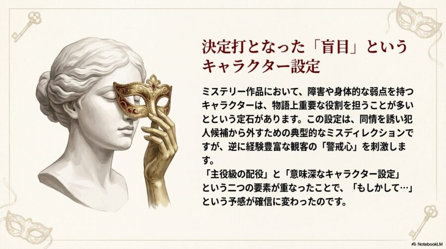 盲目という設定が、ミステリーの定石として逆に観客の警戒心を刺激し、予感を確信に変えるプロセスを説明するスライド。