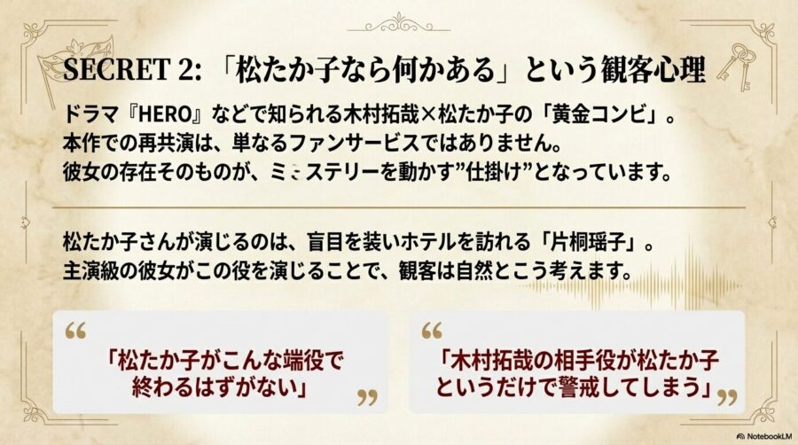 「松たか子がこんな端役で終わるはずがない」という観客心理と警戒心を説明するスライド
