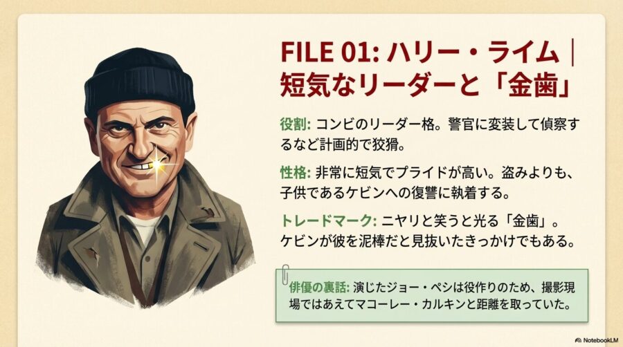 泥棒コンビのリーダーであるハリーのイラスト。特徴である金歯が光っており、短気な性格や演じたジョー・ペシについての情報が記載されている。