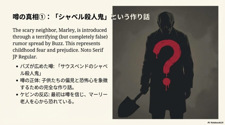 バズが広めた「シャベル殺人鬼」という嘘の噂と、それを信じて恐怖するケビンのイラスト。子供の偏見を象徴しているという解説。