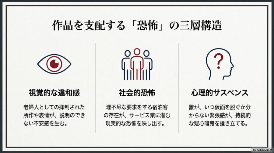 「視覚的な違和感」「社会的恐怖」「心理的サスペンス」の3つの要素をアイコンと共に解説したスライド。