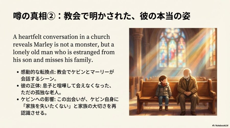 教会でケビンとマーリー老人が並んで座り、会話をするシーンのイラスト。彼が実は家族思いの孤独な老人であることがわかる場面。