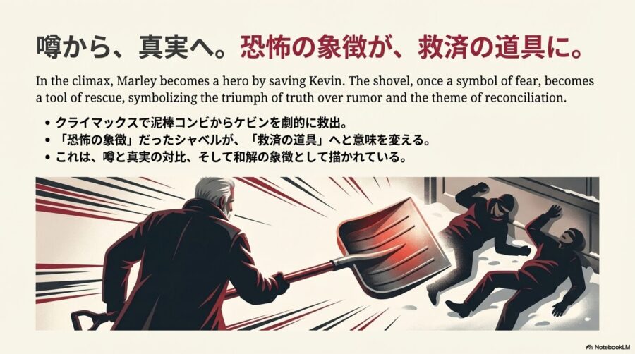 かつて恐怖の象徴だったシャベルを振りかざし、泥棒たちからケビンを救うマーリー老人のイラスト。