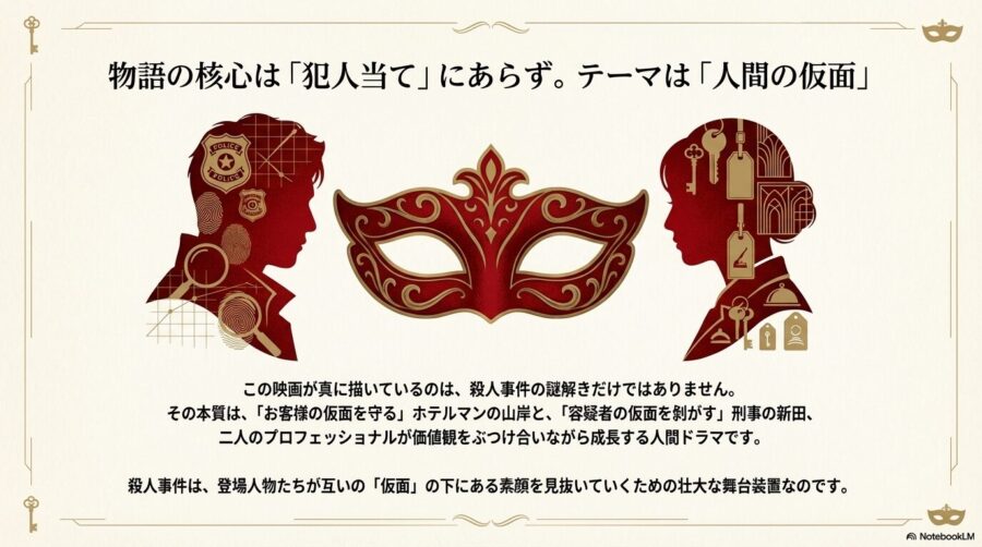 「仮面を守る」ホテルマンと「仮面を剥がす」刑事が、価値観をぶつけ合い成長する人間ドラマであることを示す図。