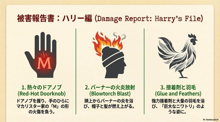 ハリーが受けた罠のイラスト図解。熱されたドアノブによる手の火傷、頭上からのバーナー、接着剤と羽毛を浴びた様子が描かれている。