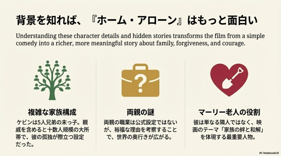 家族の相関図、職業の謎、和解のテーマを象徴するアイコン（家系図、カバン、ハートのついたシャベル）のまとめ図。