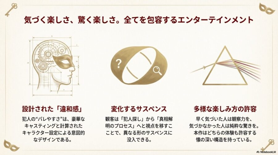 設計された違和感、変化するサスペンス、多様な楽しみ方の許容という、本作のエンターテインメントとしての構造をまとめた最終スライド。
