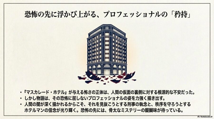 崩れた仮面の破片の上に、堂々とそびえ立つホテル・コルテシア東京のイラスト。人間の闇を描くからこそ、刑事の執念とホテルマンの信念が輝くという結びのメッセージ。