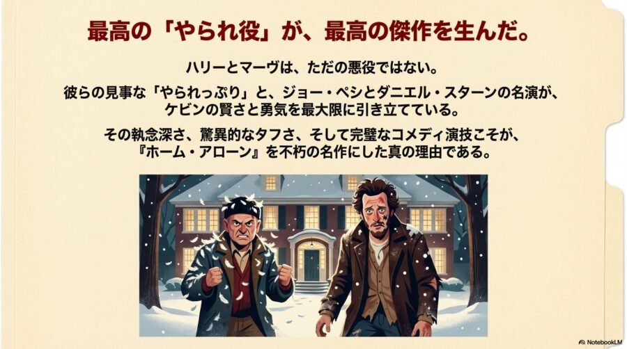 ケビンの罠にかかり、羽毛と雪にまみれてボロボロになったハリーとマーヴのイラスト。「最高のやられ役が、最高の傑作を生んだ」というメッセージ。